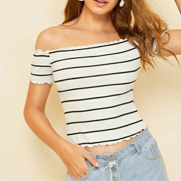 SHEIN Tops - Shein Off Shoulder Striped Fitted Crop Top